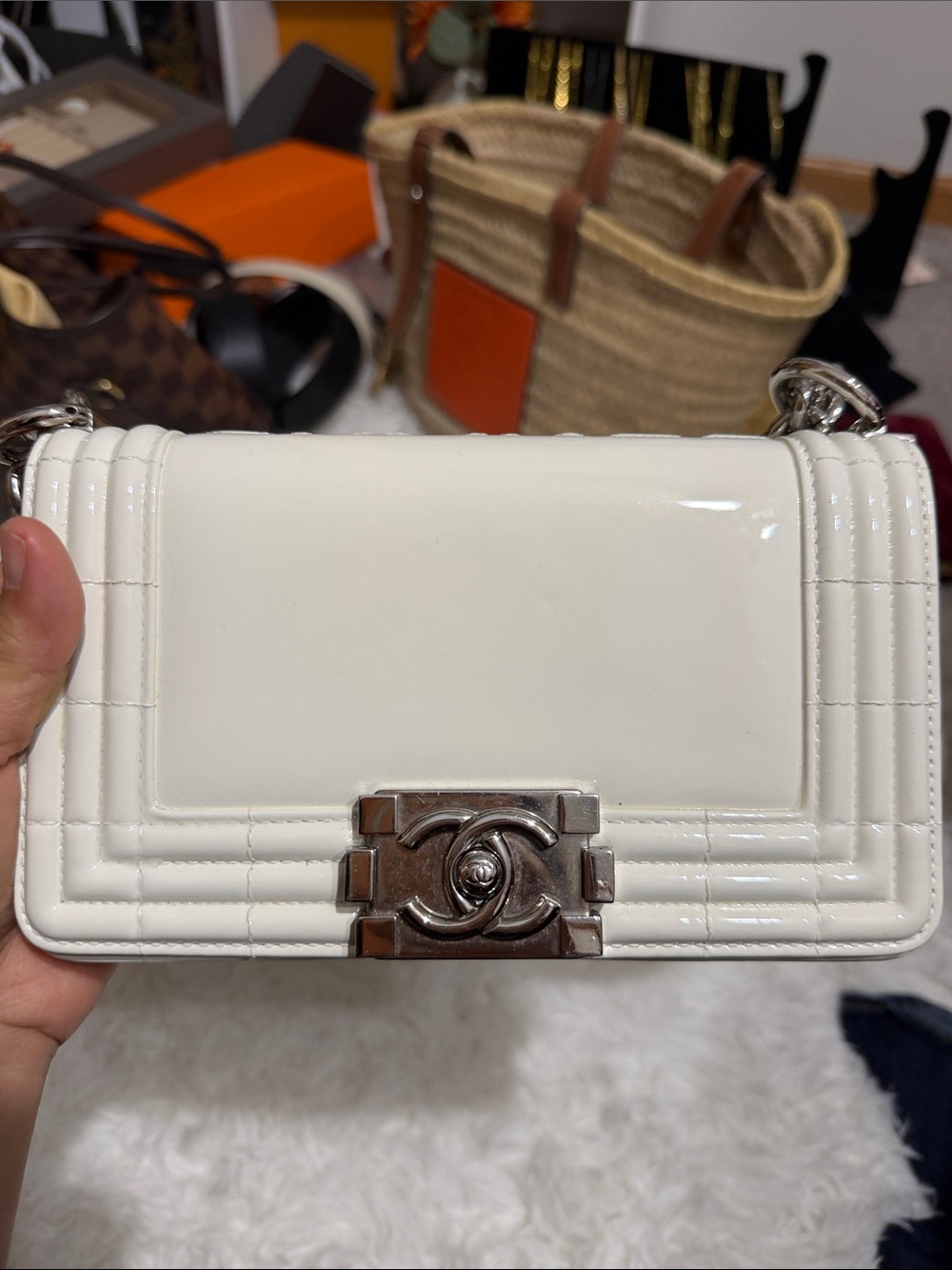 CHANEL White Patent Boy Flap Mini Bag with Silver Hardware